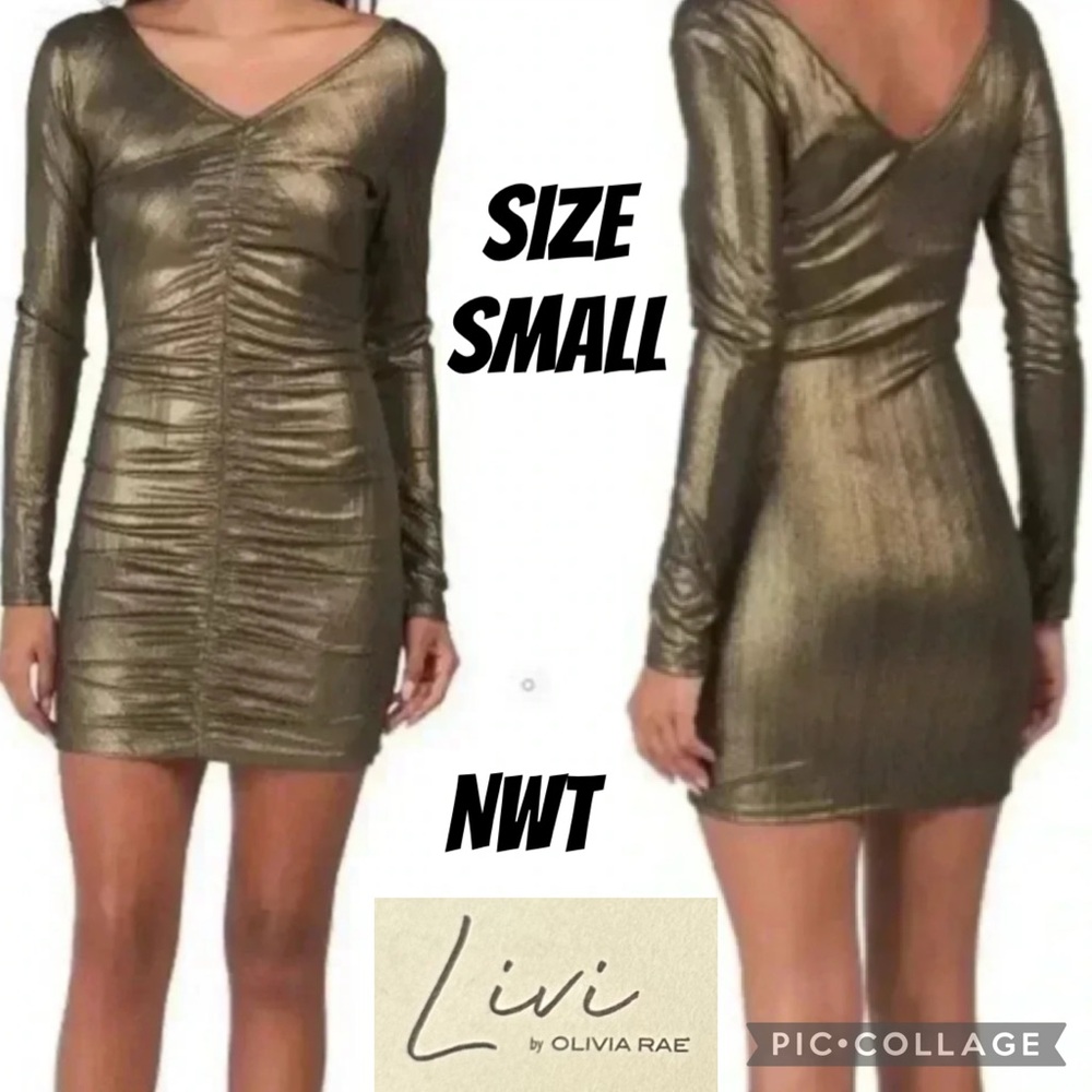 NWT Livi by Olivia Rae Womens Dress Gold Metallic Ruched Long Sleeve NYE Party S